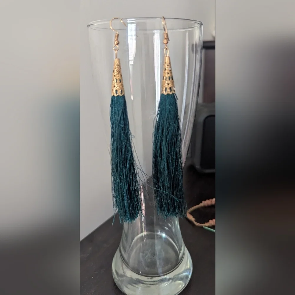 Elegant Gold and Green Tassel Earrings 5